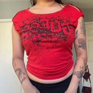 Y2K Red and Black Guess cold shoulder too with embellishments!